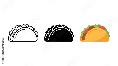 Mexican taco fast food vector illustration set including line art and flat color icons with fastfood tortilla colorful