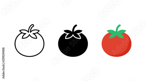 Fresh red tomato vegetable icons in outline solid and flat styles with vegetable illustration ingredient agriculture