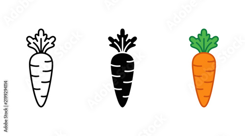 Fresh orange carrot vegetable icon in outline and flat graphic design styles with vegetable nutrition ingredient