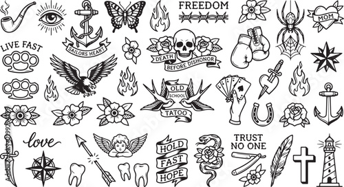 Old school tattoo flash, collection of traditional black and white ink