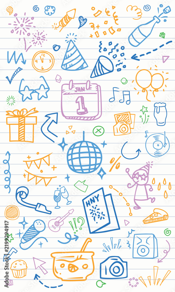 Fototapeta premium Hand Drawn New Year Party Notebook Paper Background