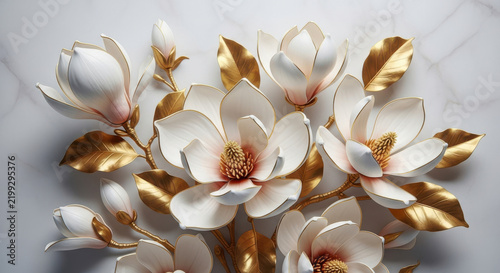Beautiful white magnolia flowers with golden leaves and stem