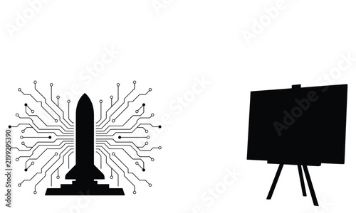 Rocket launch digital circuit board graphic on white background.