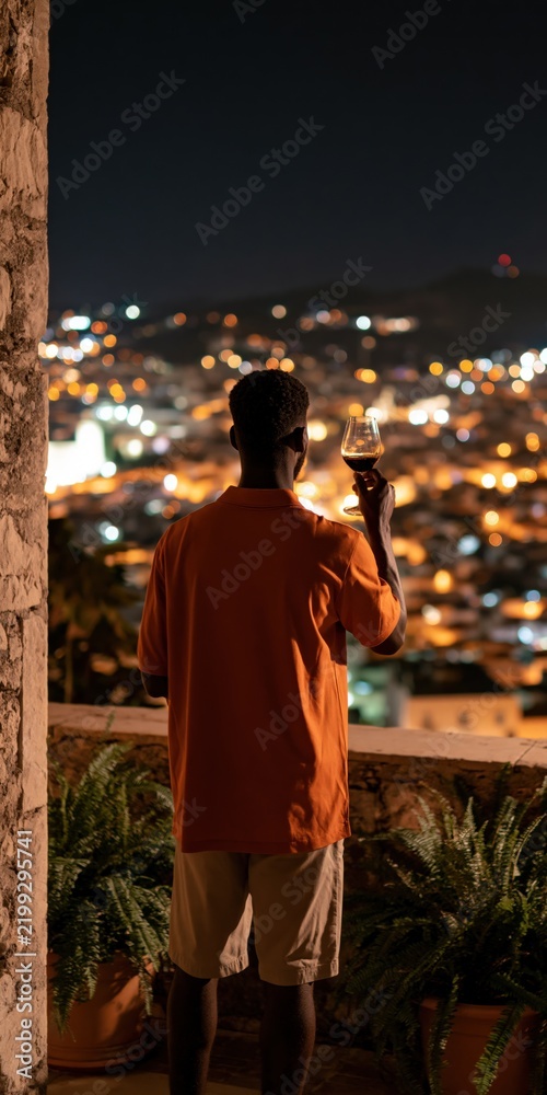 Fototapeta premium Man holding a wine glass on a balcony overlooking a glowing city night skyline for background and wallpaper use in travel or lifestyle design