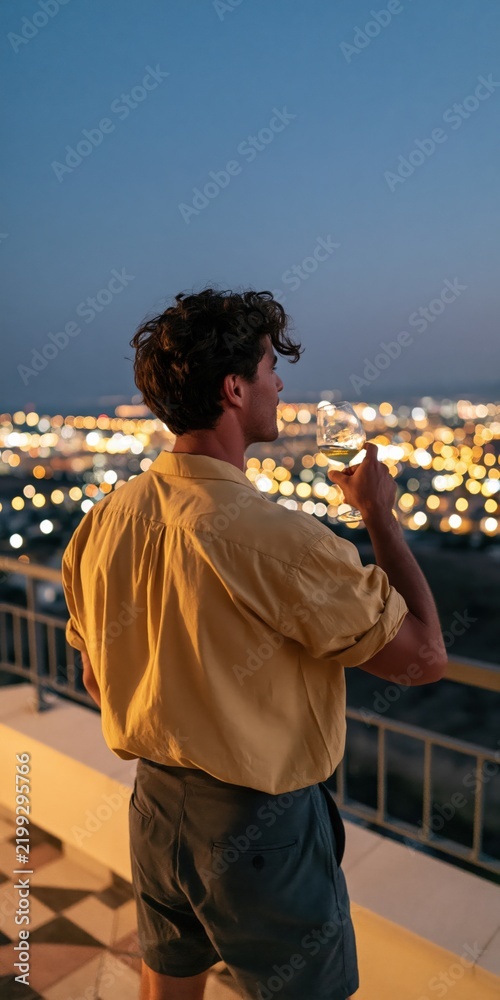 Fototapeta premium Young man on rooftop terrace holding a wine glass overlooking city lights at dusk for lifestyle background and social media banner