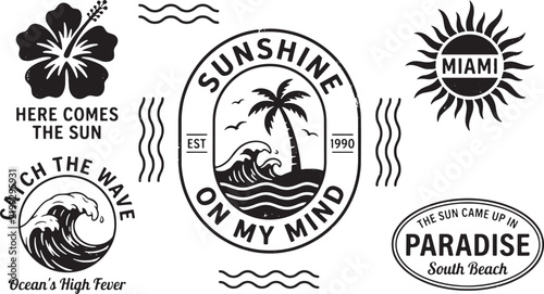 Tropical summer vacation badge set with palm trees, ocean waves, and sun