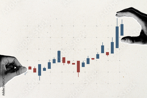Forex market candlestick chart with hands guiding rising financial index, currency exchange growth, investment strategy and business analysis concept.
