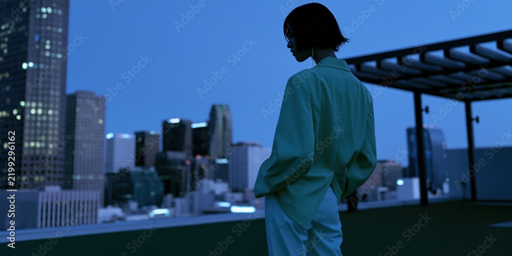 Obraz premium Silhouette of a person on a rooftop overlooking city skyline at dusk for background banner and wallpaper design