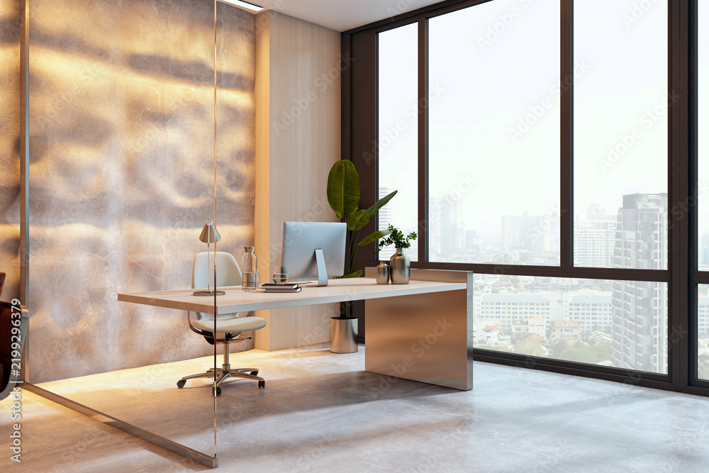 Obraz premium Luxury modern corporate office workspace with desk, computer, city view, backlit windows, contemporary interior design concept. 3D Rendering