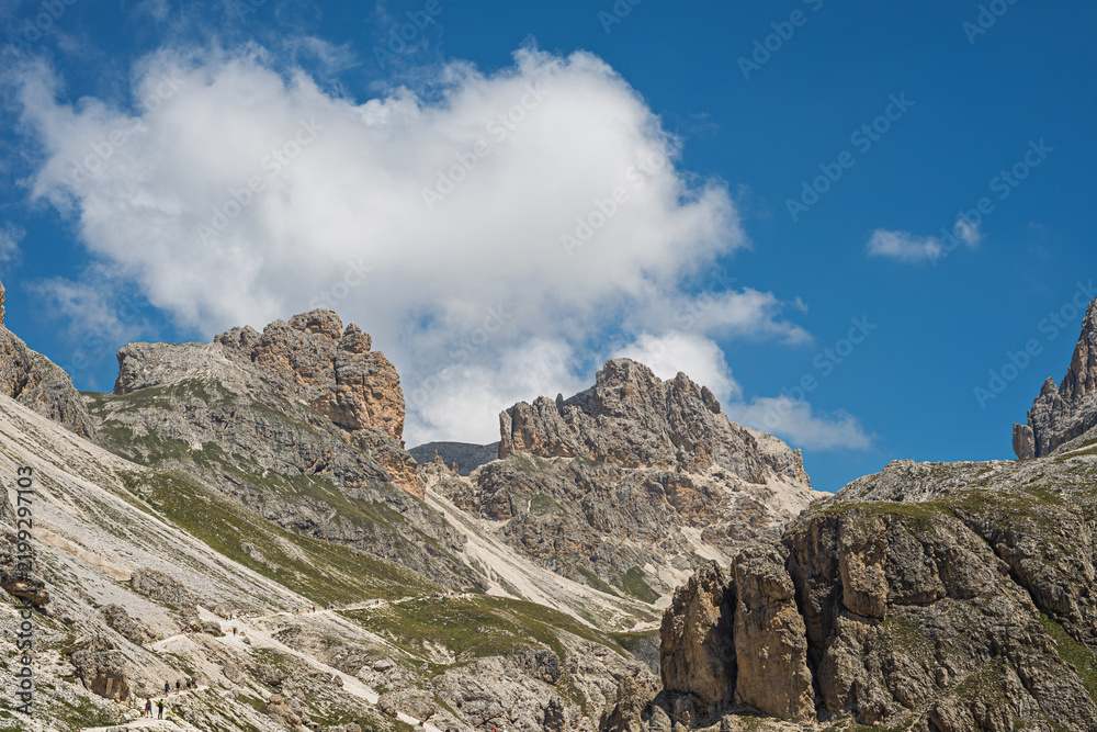 Fototapeta premium mountain landscape inside the Catinaccio Mountain Range along the trail to get to the Lake Antermoia, Val di Fassa, Dolomites, Italy