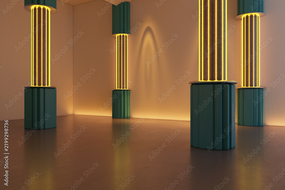 Obraz premium Contemporary interior with glowing neon columns and pillars creating a futuristic architectural space for modern art and design display. 3D Rendering