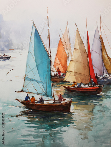 A minimalist watercolor illustration featuring sailboats with people aboard, rendered with clean lines, subtle ink wash details, and soft pastel colors on a textured background.