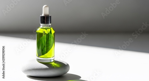 A minimalist shot of a glass dropper bottle filled with green liquid and a leaf, resting on a smooth stone, with natural light and shadows.