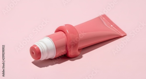 A pink cosmetic tube, possibly lip gloss or blush, squeezed in the middle on a light pink background.