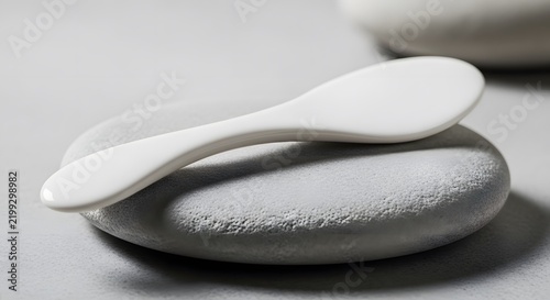 A white ceramic spoon elegantly resting on a smooth grey stone, with a soft, minimalist background creating a serene still life.