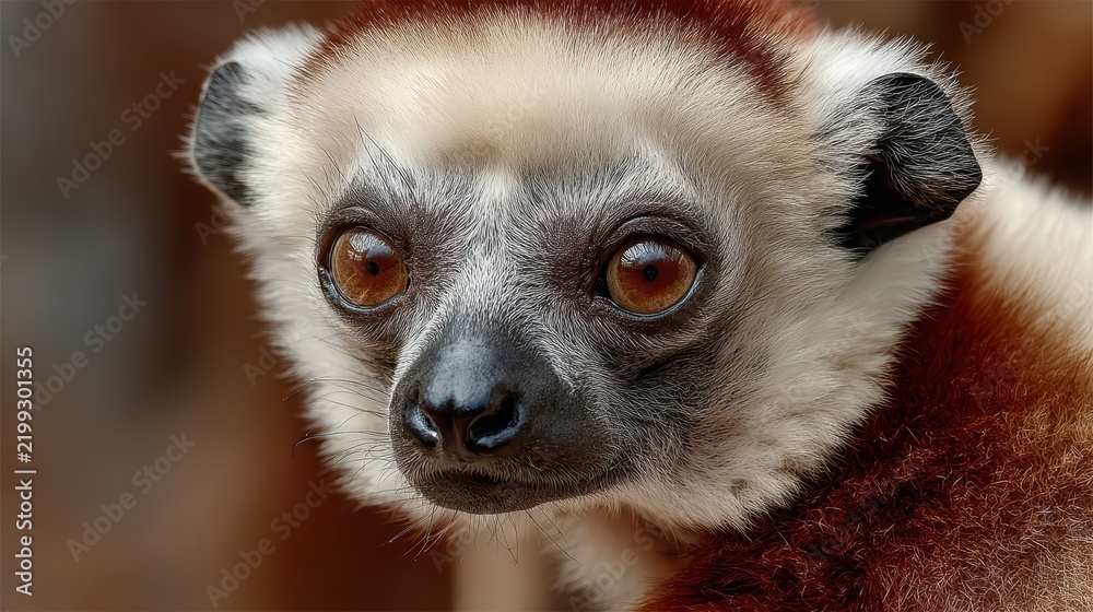Obraz premium A captivating close-up captures the soulful gaze of a lemur, showcasing its expressive eyes, distinctive fur, and unique beauty within the animal kingdom