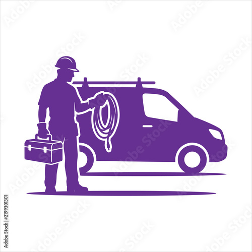 Electrician with toolbox and wire coil standing near service van vector illustration   