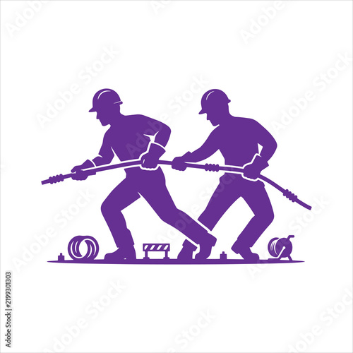 Two linemen pulling underground power cable together vector illustration   