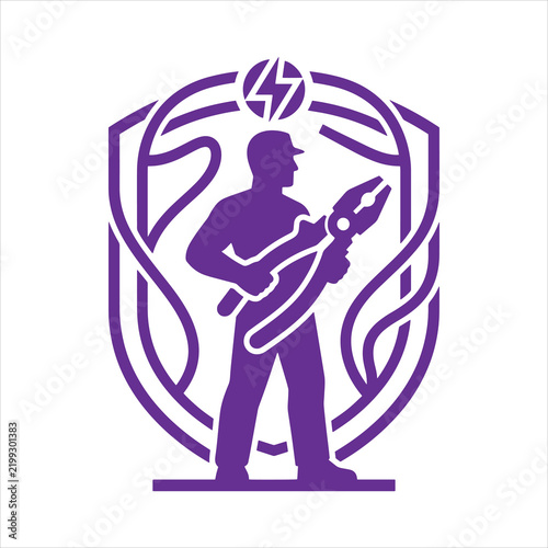 Electrical contractor logo emblem with electrician holding pliers inside shield vector   