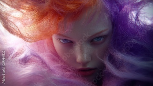 Close-Up Fantasy Portrait Highlighting Fiery Orange and Violet Hair Surrounding a Staring Subject