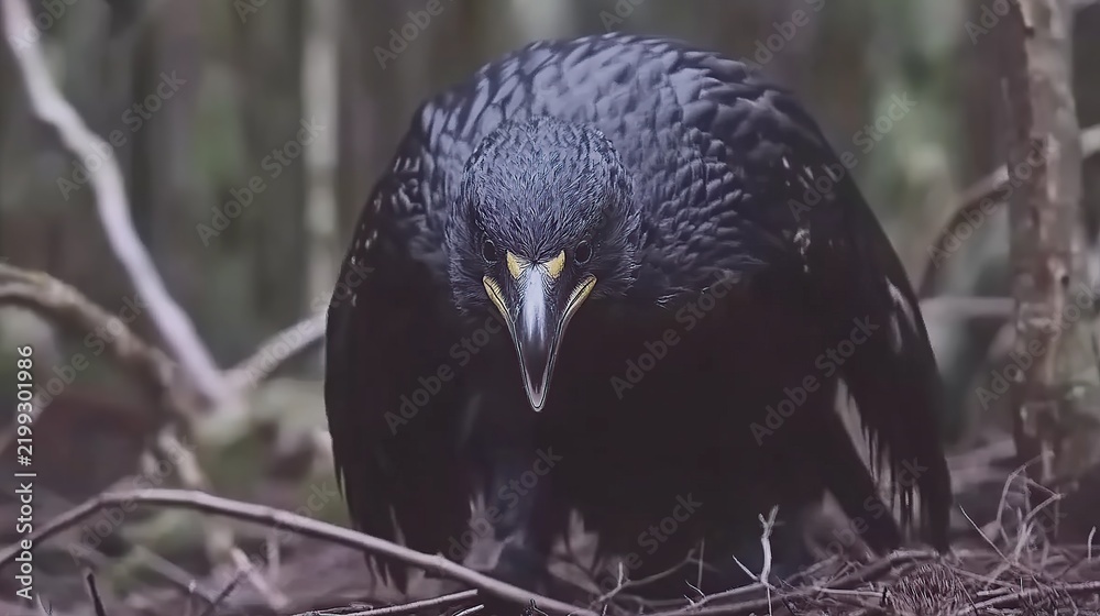 Obraz premium Close-up of a black raven perched on its nest in a dense forest setting