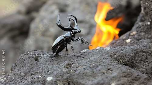 Close-up of a black beetle poised on rugged volcanic rock with bright flames dancing in the background