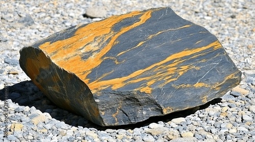 Close-up of a dark gray slate rock with vivid orange mineral veins in sunlight