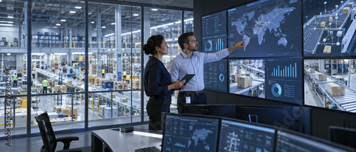 Logistics and supply chain managers monitoring automated warehouse operations with digital dashboards global shipment tracking data analytics smart distribution center technology efficiency