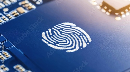 Close-up of a fingerprint icon on a blue circuit-board device for biometric security