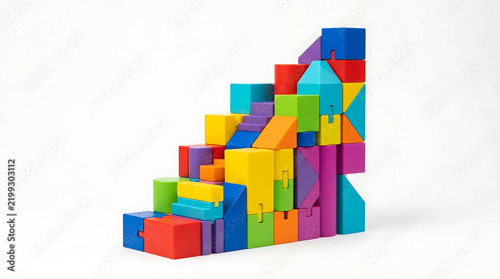Obraz premium Colorful wooden building blocks arranged in a staircase formation on a white background