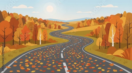 Autumn Road Winding Through Colorful Fall Foliage Landscape