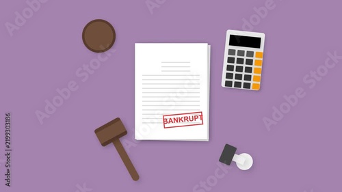 Bankrupt stamp animation on document with calculator and gavel