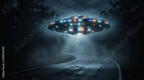Mysterious UFO Hovering Over Foggy Nighttime Highway
