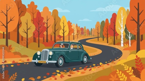 Vintage Car on Winding Autumn Road Through Scenic Landscape