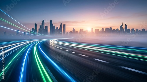 City skyline with light trails on a highway at sunrise with glowing light streaks