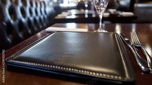 Close-up of a sleek black leather restaurant menu resting on a glossy table beside silverware and a wine glass in an upscale dining setting
