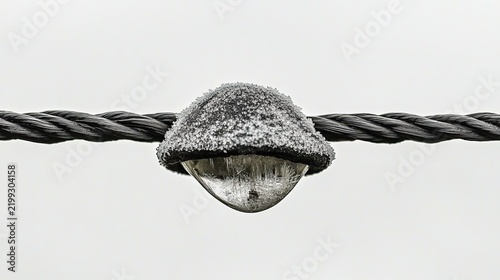 Close-up of a weathered metal ball end cap gripping a twisted steel cable against a white background