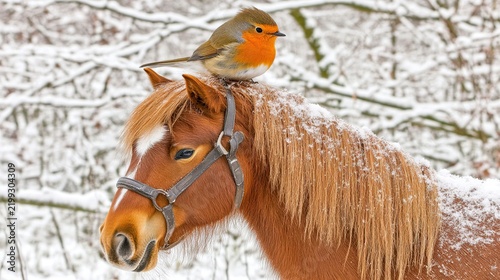 Close-Up of Chestnut Horse Wearing Bridle in a Snowy Winter Scene with a Robin Above