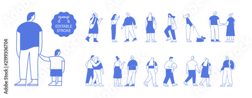 Vector people silhouette outline style bundle with editable stroke for easy edit. Line art people crowd. Men and women, kids outdoor isolated on white background