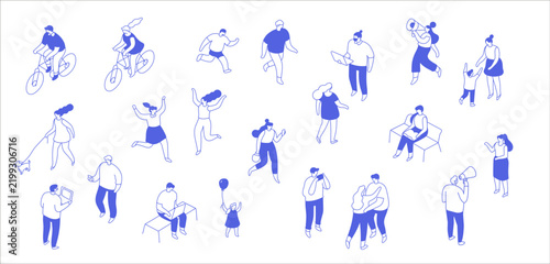 Isometric Monochrome people vector set. One color people crowd. Men and women, kids outdoor isolated on white background