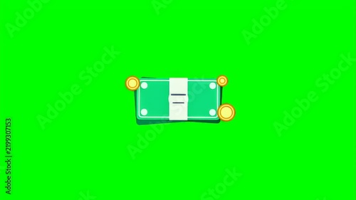 Stack of cash and gold coins on a green screen background