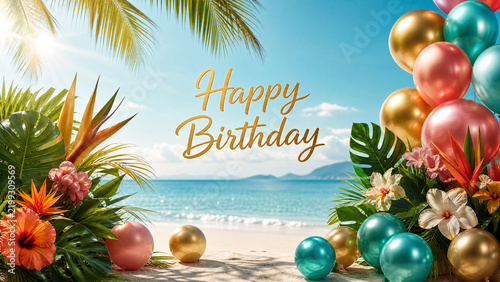 Happy Birthday gold lettering on a tropical beach background with balloons and exotic flowers