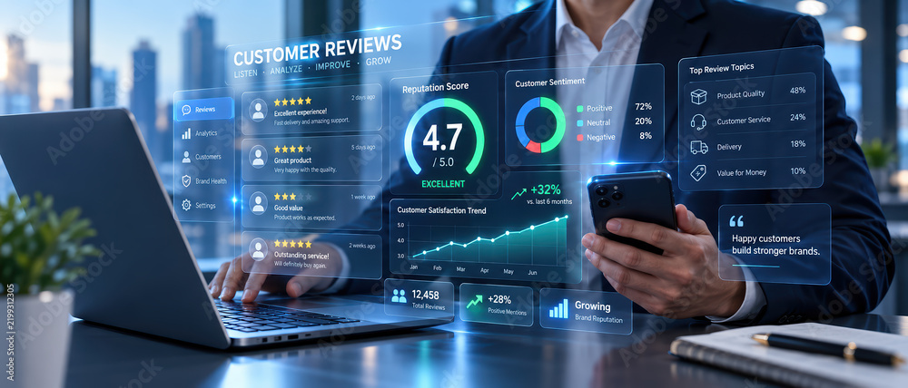 Obraz premium Customer reviews and reputation management dashboard businessman analyzing digital feedback with laptop and smartphone customer satisfaction analytics sentiment data business growth strategy