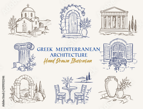 Greek Mediterranean Architecture Hand-Drawn Illustration Collection with Church Doorways, Columns, Windows, Arches, and Cafe Scenes