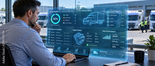 Fleet management software interface with real time truck diagnostics logistics monitoring and engine performance data visualization digital dashboard for industrial operations supply chain