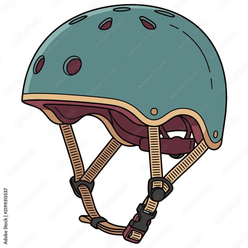 Obraz premium Teal Green and Cream Skate Style Cycling Helmet Three Quarter View Line Art Vector Illustration Isolated