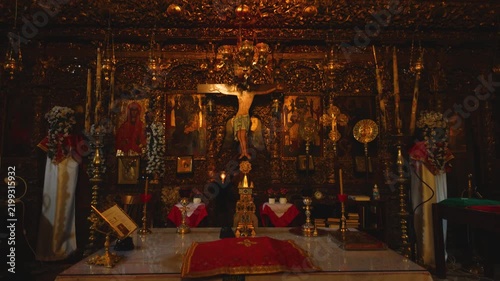 Interior of a richly decorated Orthodox church altar in the village of Kissos, located in the Pelion region of Thessaly, Greece