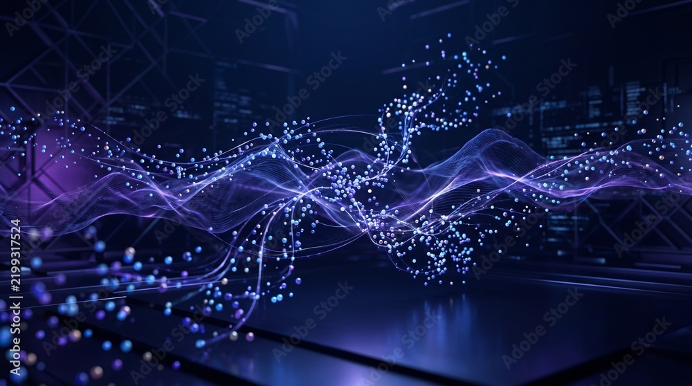 Fototapeta premium Abstract digital wave of glowing particles and light lines in futuristic cyberspace background