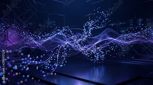 Abstract digital wave of glowing particles and light lines in futuristic cyberspace background