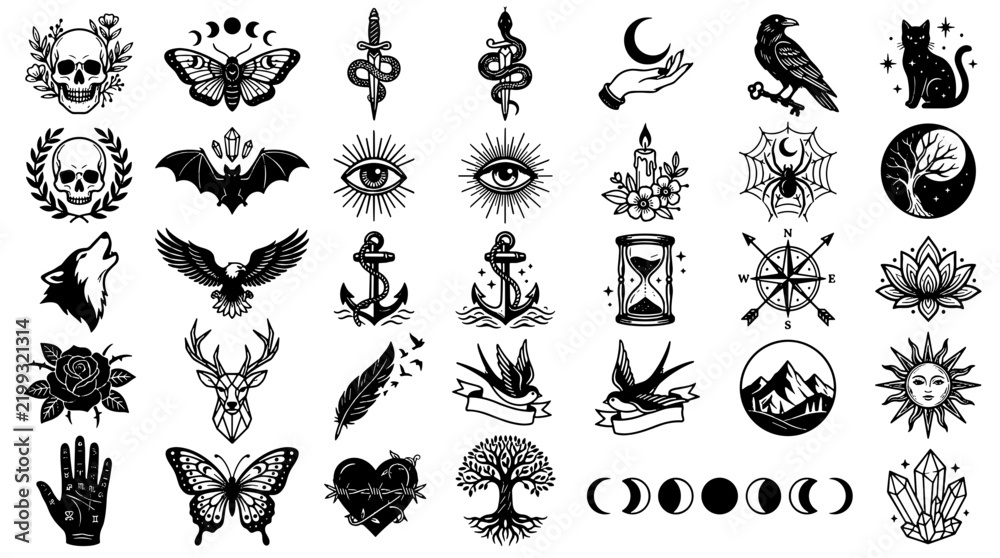 Fototapeta premium Collection of black silhouette symbols including animals plants and mystical icons